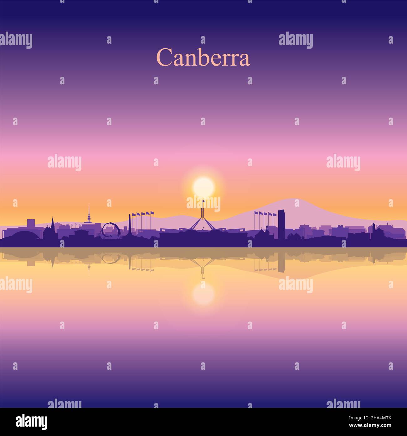 Canberra città silhouette su sfondo tramonto illustrazione vettoriale Foto Stock