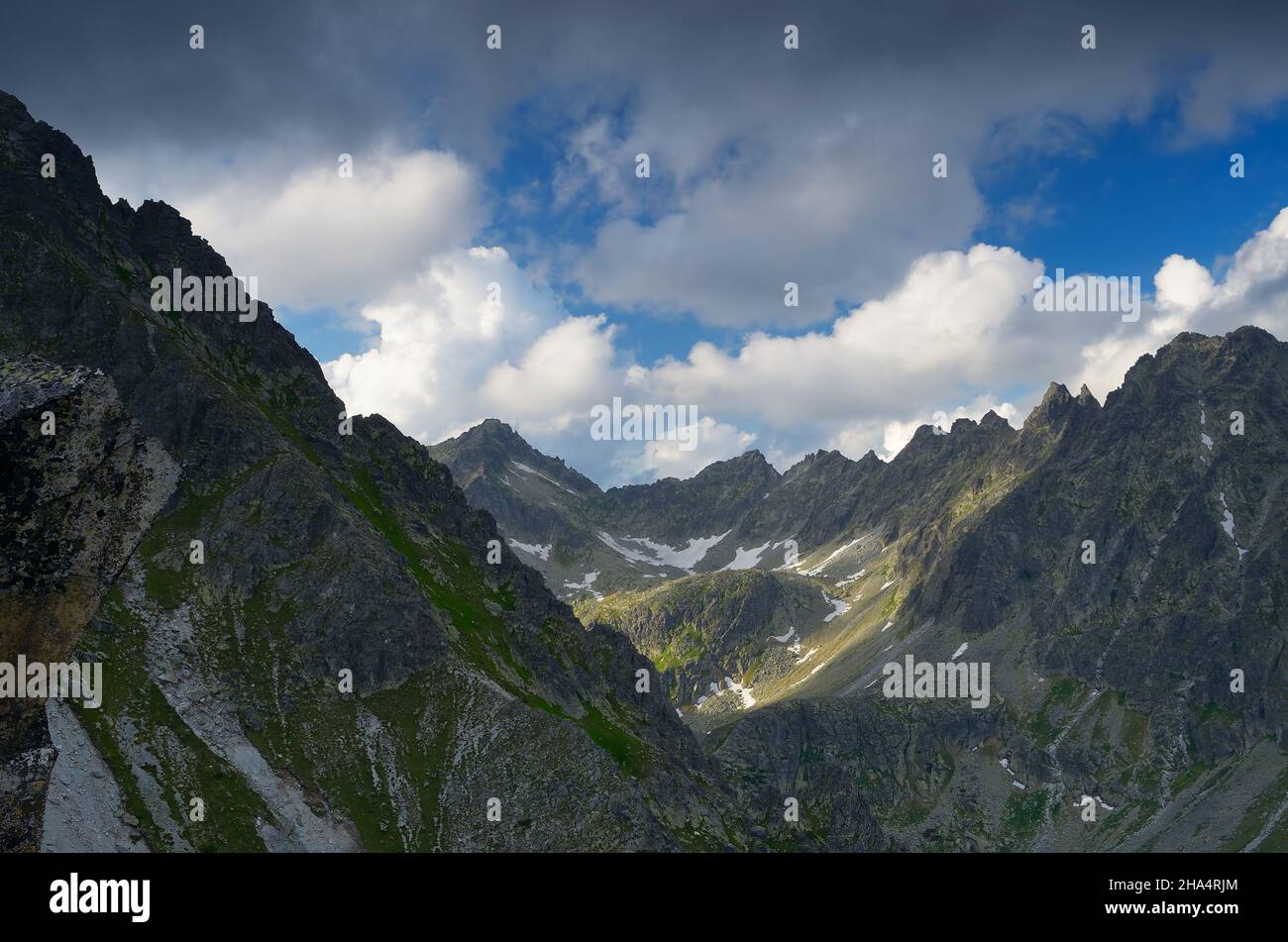 Paesaggio estivo con vette di montagna Foto Stock