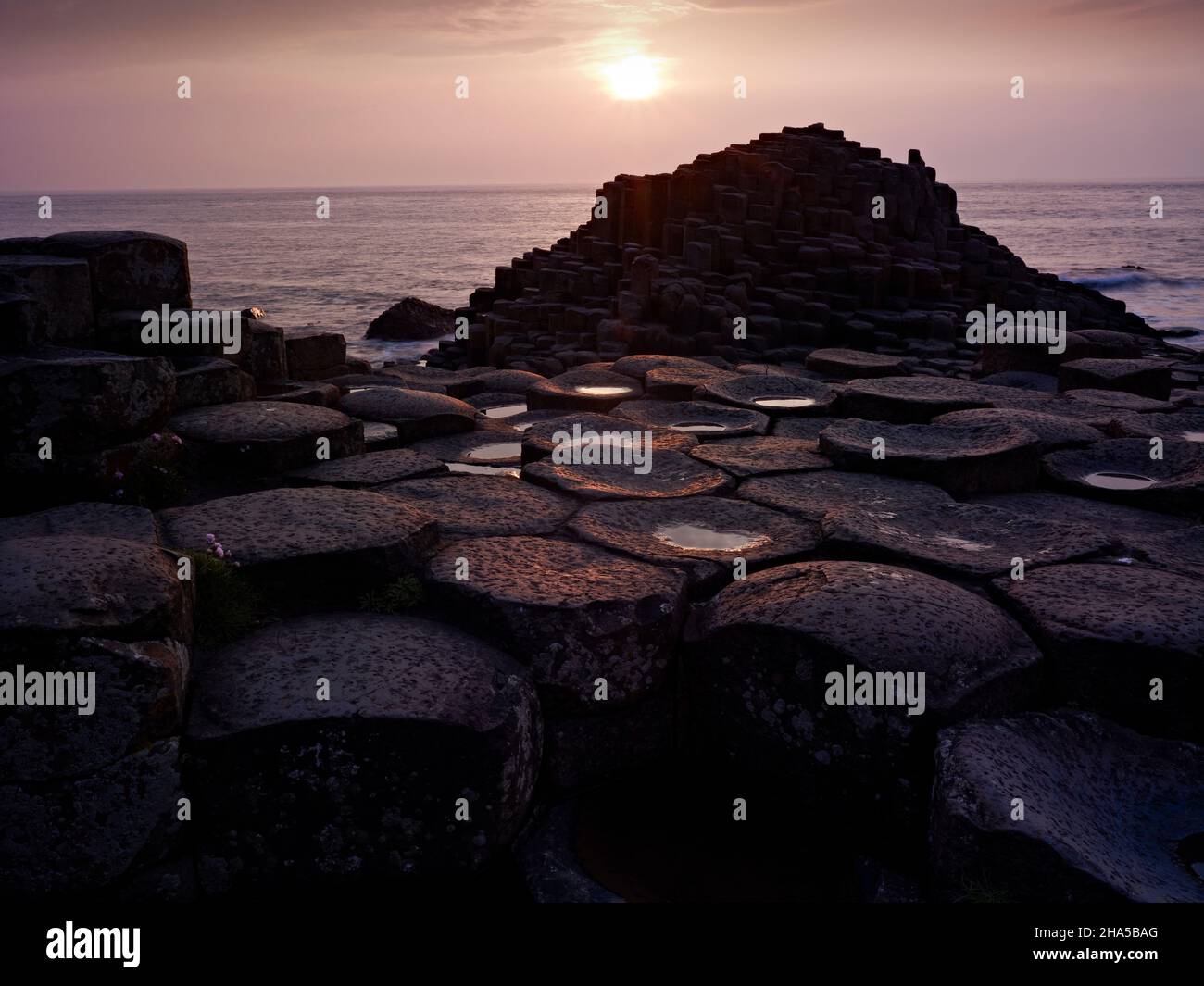 europa, irlanda del nord, contea di antrim, causeway coast, atmosfera serale presso la strada rialzata del gigante Foto Stock