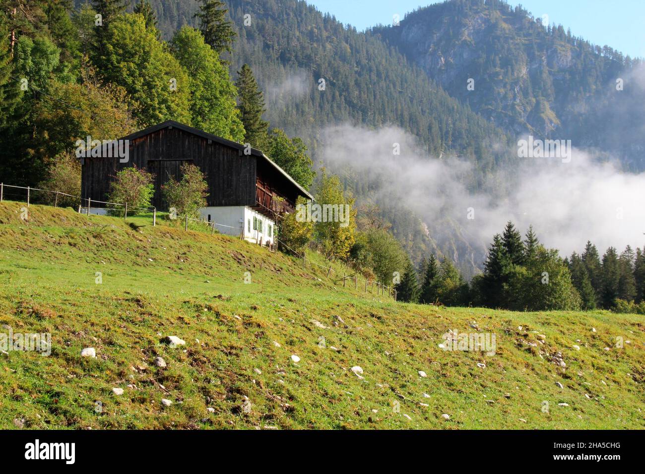 nuvole di nebbia in mattinata ora, fattoria al borgo ocsensitz nei vorderriss tra wallgau e lengries, isarwinkel, alta baviera, baviera, germania Foto Stock