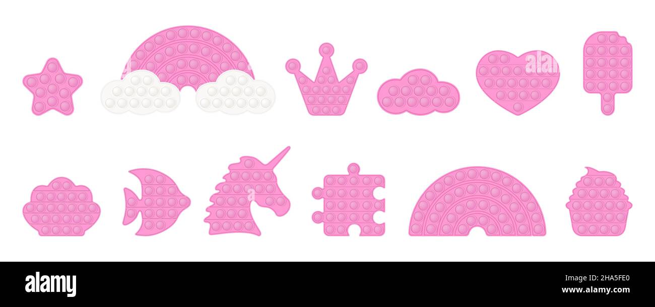 Set di forme rosa dei papi - compleanno, corona, arcobaleno, cuore, stella, unicorn, torta. Pop IT un elegante pastello fedget giocattoli. Giocattolo antistress addictive in colo Illustrazione Vettoriale