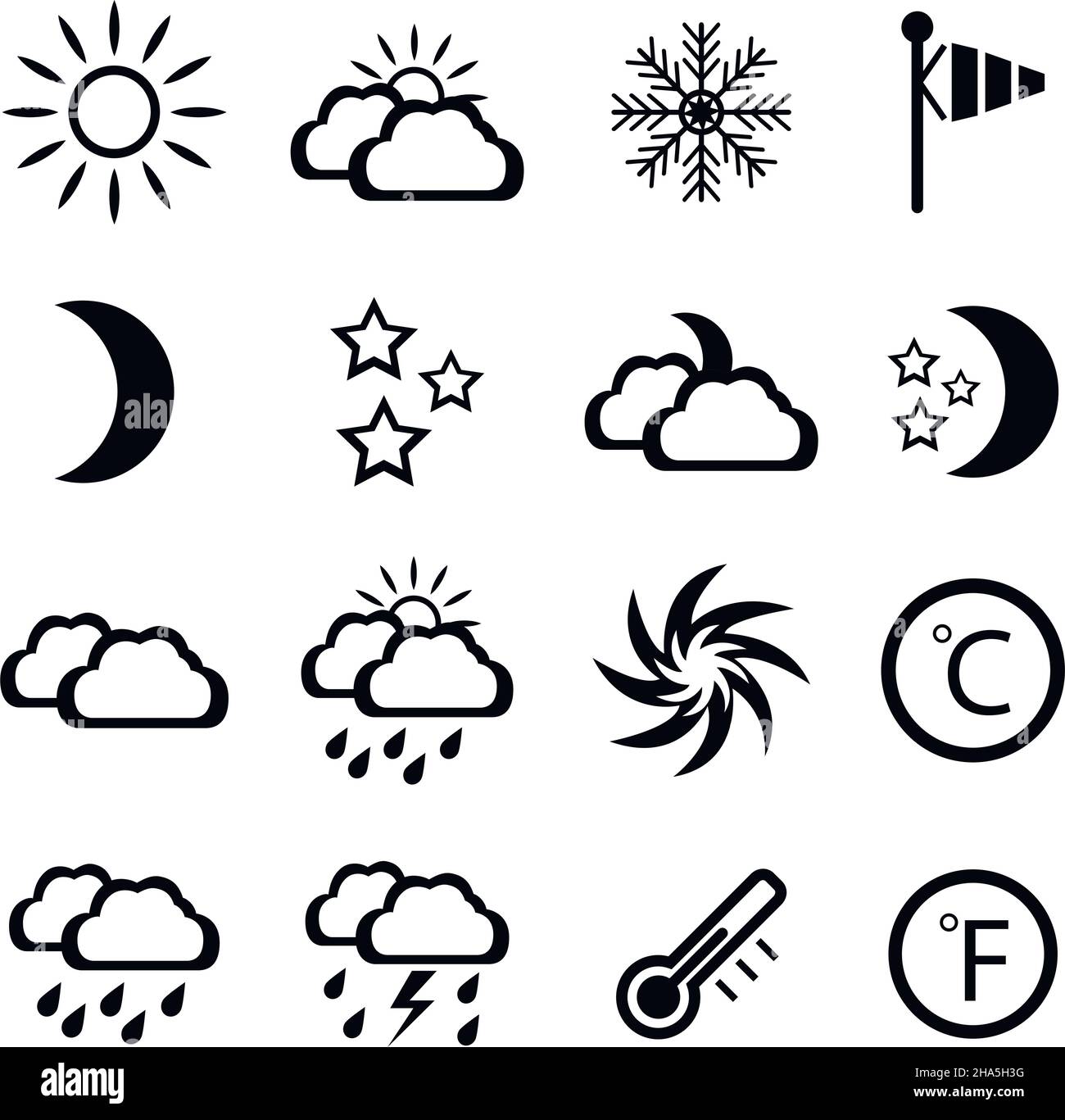 Set di icone meteo nere, illustrazione vettoriale Illustrazione Vettoriale