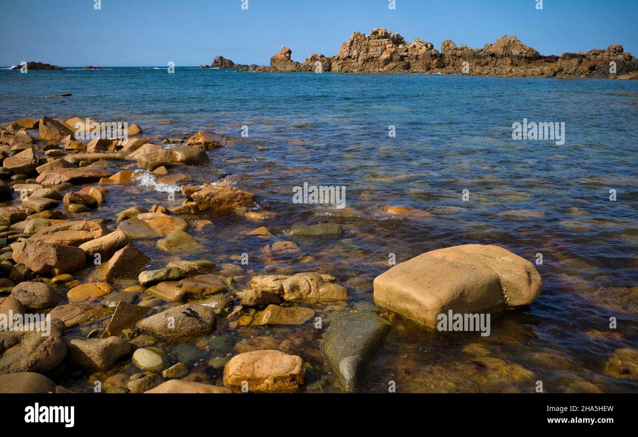 costa rocciosa lungo il sentier des douaniers, via ufficiale di dogana gr 34, plougrescant, côte de granit rose, côtes-d'armor, bretagna, francia Foto Stock