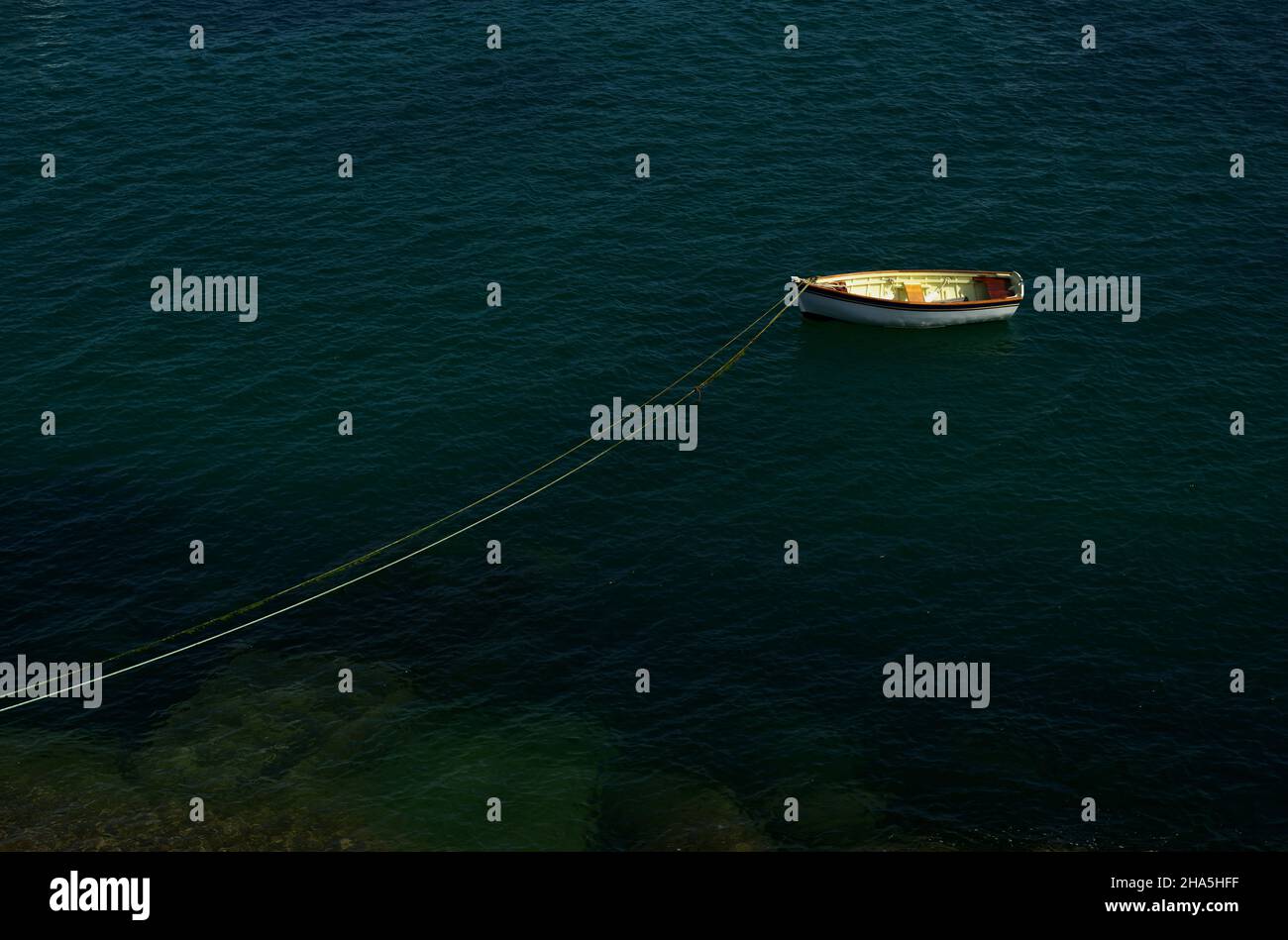 dinghy su un guinzaglio nel porto di ploumanac'h,cote de granit rose,cotes d'armor,bretagna,francia Foto Stock