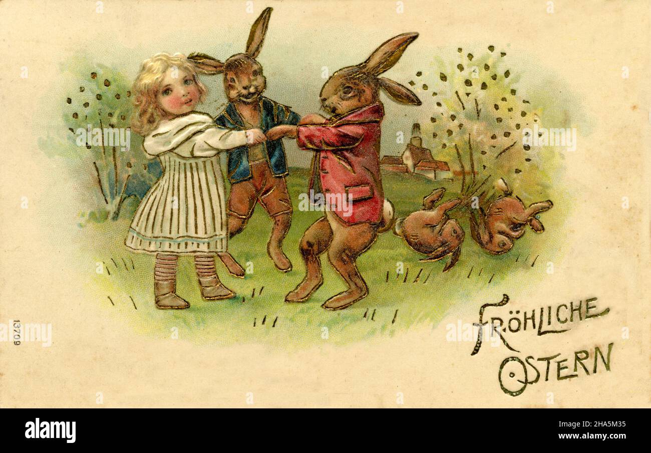 Ragazza danza con coniglio pasquale ringelreihen , (cartolina, ) Foto Stock