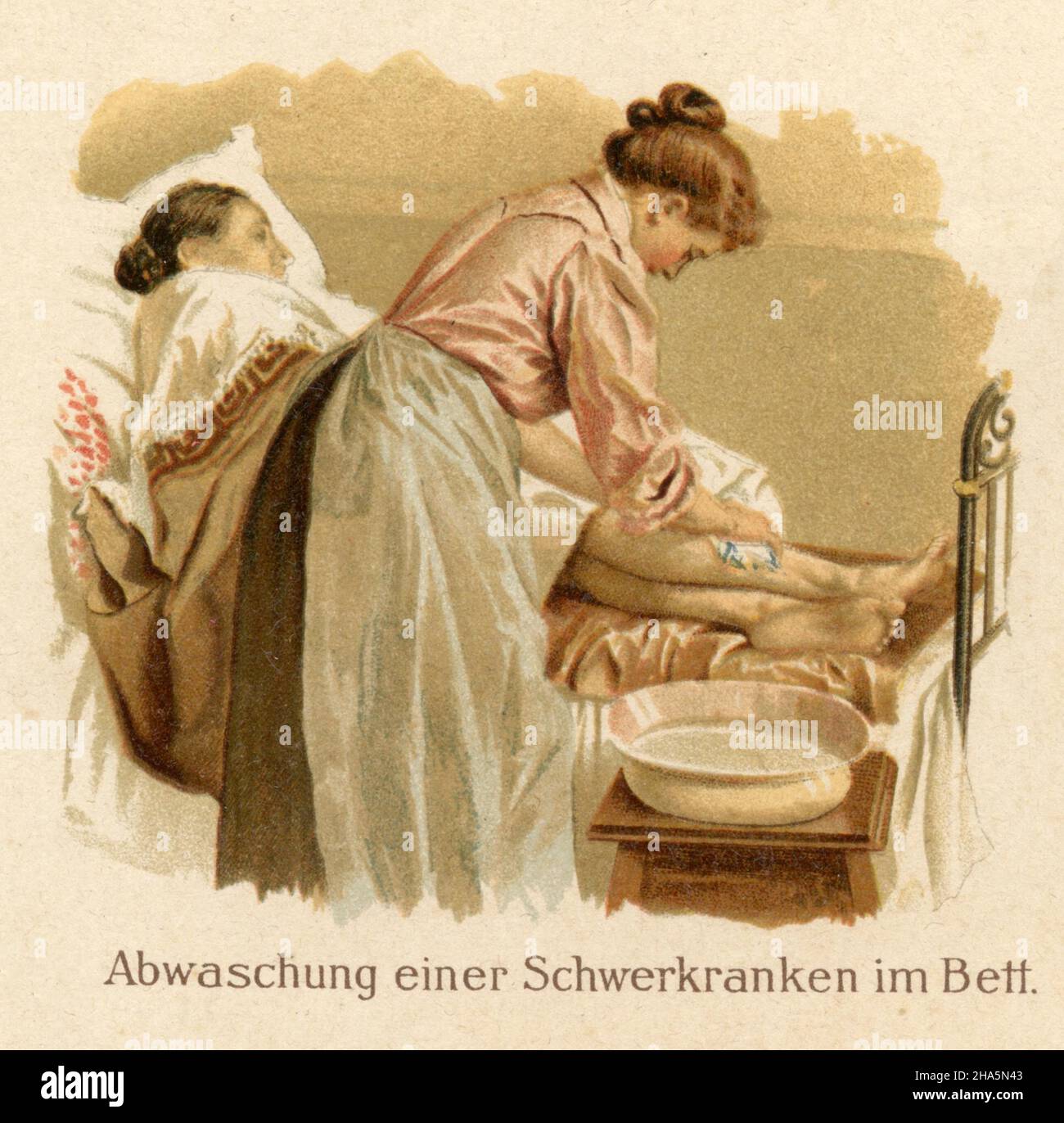Applicazioni d'acqua nell'allattamento: Lavaggio di una persona gravemente malata a letto , (libro di medicina, 1905) Foto Stock