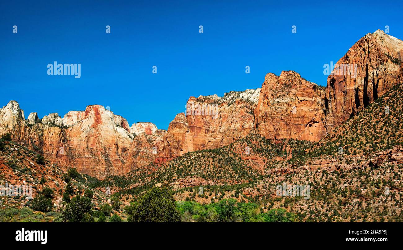 I Templi e le Torri della Vergine, grande collezione di picchi, Parco Nazionale di Zion, Utah Foto Stock