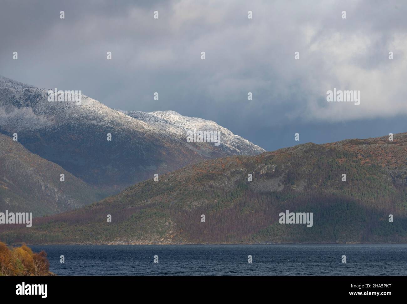 montagne con neve e foresta vicino ad un lago in lapponia, skille, norvegia Foto Stock