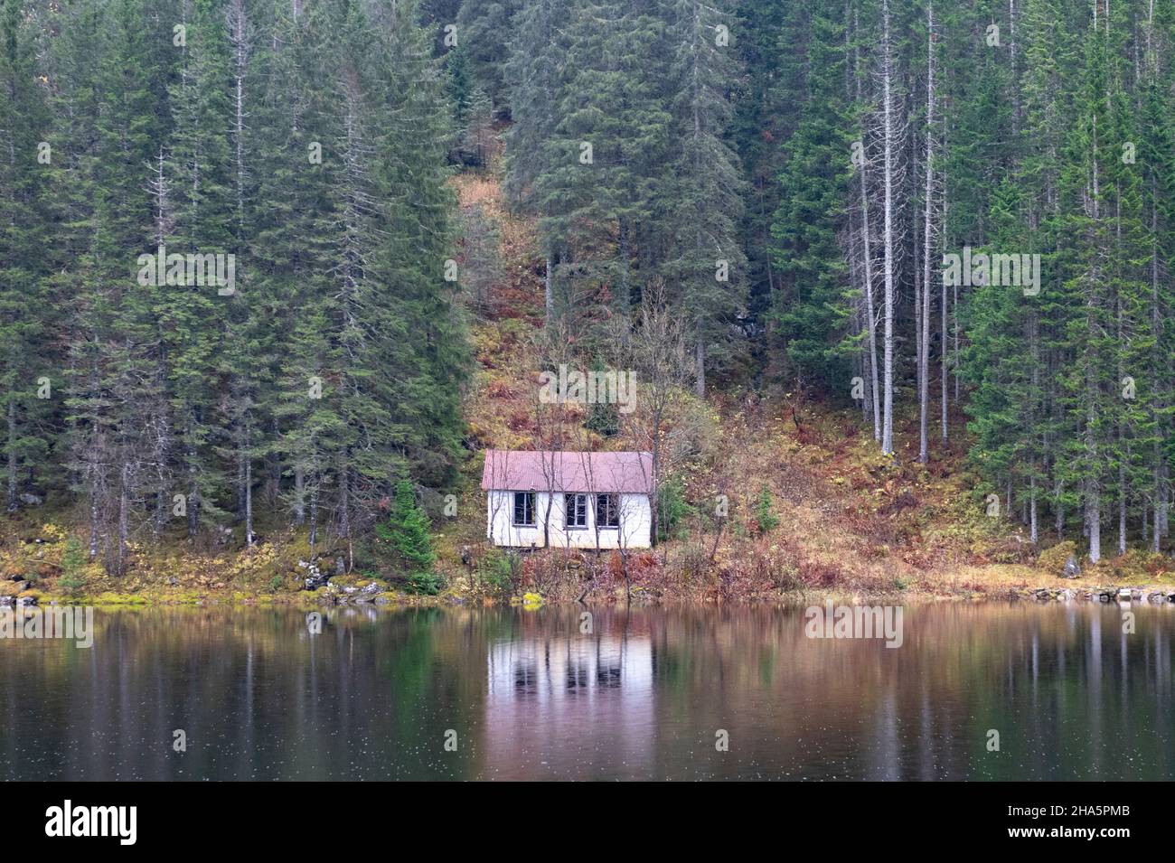 rifugio forestale abbandonato vicino ad un lago, vicino a ã…kervika,lapponia,norvegia Foto Stock