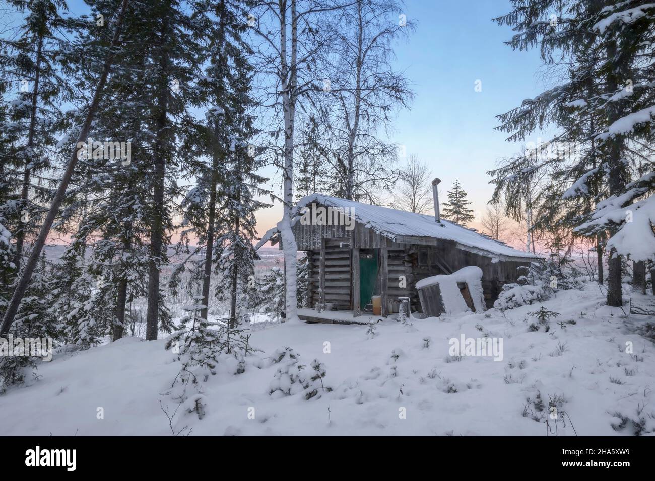 Cottage abbandonati in una foresta paesaggio invernale Foto Stock