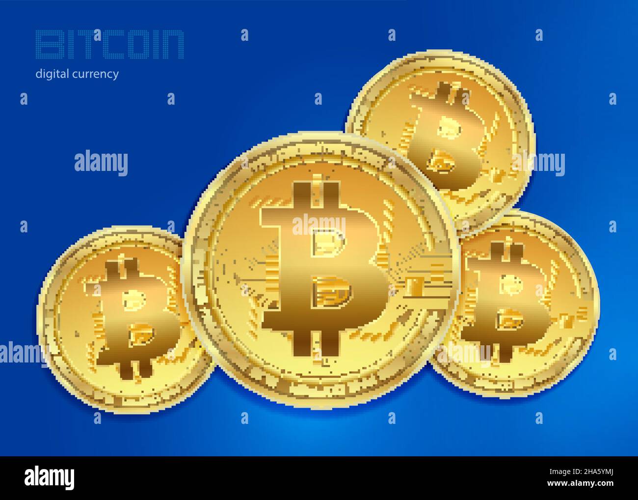 Monete d'oro Bitcoin, luminosissimo vettore di luci luminose Illustrazione Vettoriale