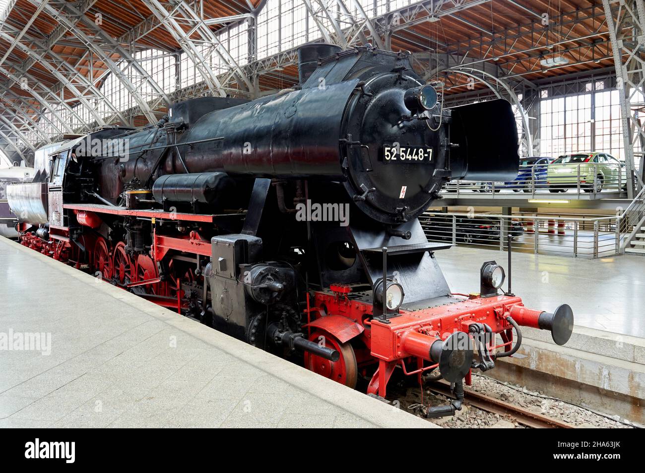 Locomotive storiche alla stazione centrale di Lipsia, Sassonia, Germania Foto Stock