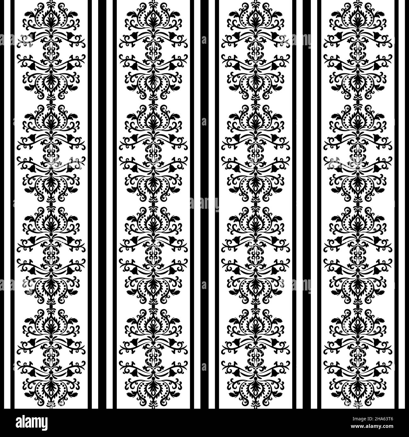 Carta da parati vintage in bianco e nero con righe e ornamenti vintage. Sfondo damask astratto senza giunture con elementi vintage. Bianco e nero. Per Illustrazione Vettoriale