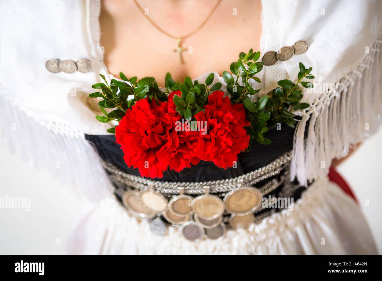 germania,baviera,donna in costume tradizionale,decorazioni floreali nella scissione di un abito tradizionale. Foto Stock