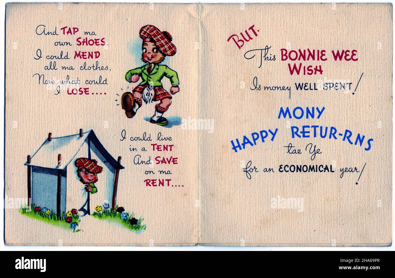 Retro design di una carta di compleanno featurig uno Scotsman - interno, circa 1940 Foto Stock