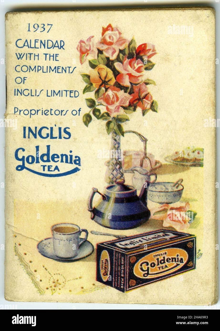 Fronte di un calendario del 1937 pubblicato da Inglis Goldenia Tea Foto Stock