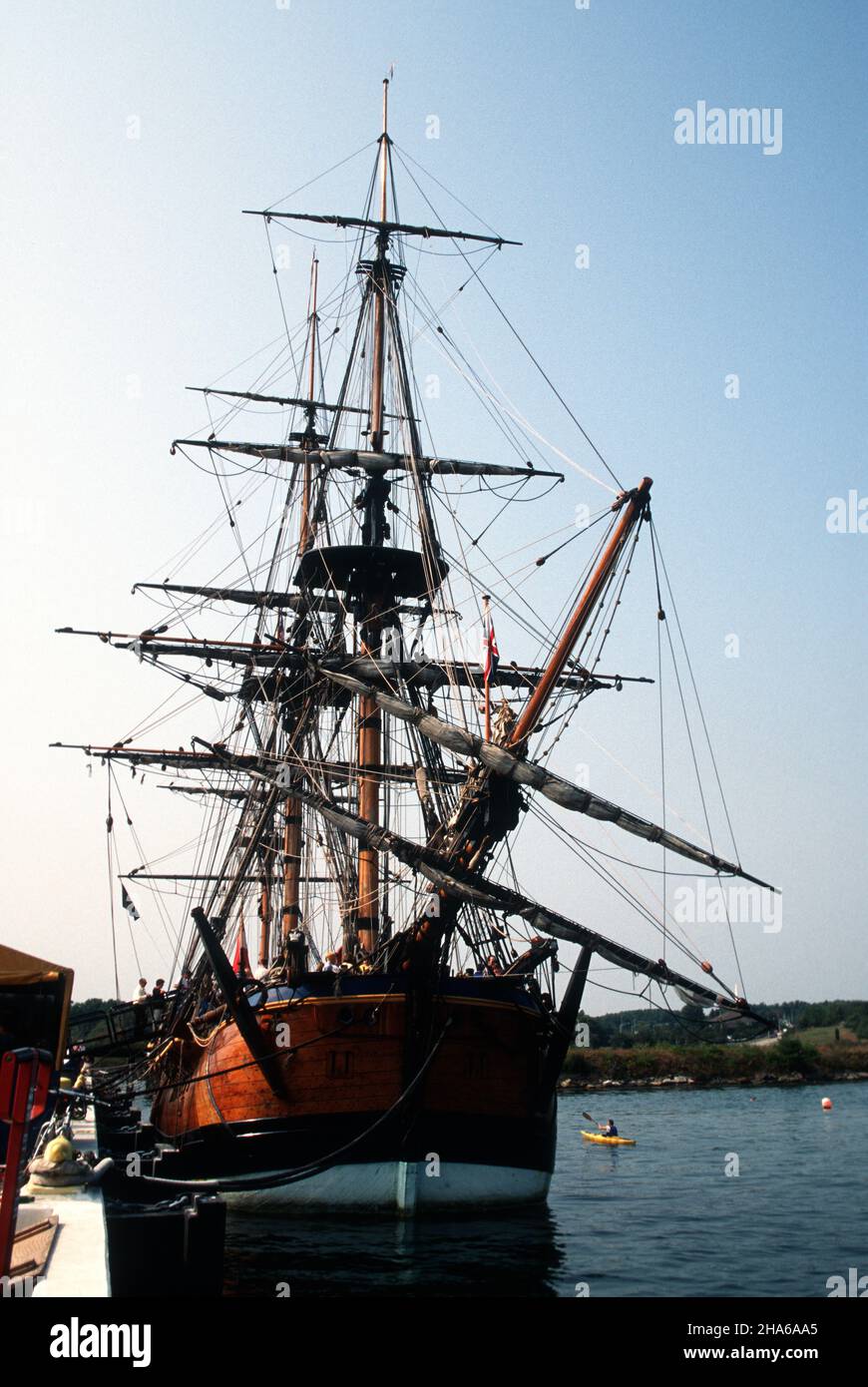 HMB Endeavour, una riproduzione della nave utilizzata dal capitano James Cook durante i suoi viaggi nell'Oceano Pacifico. Foto Stock