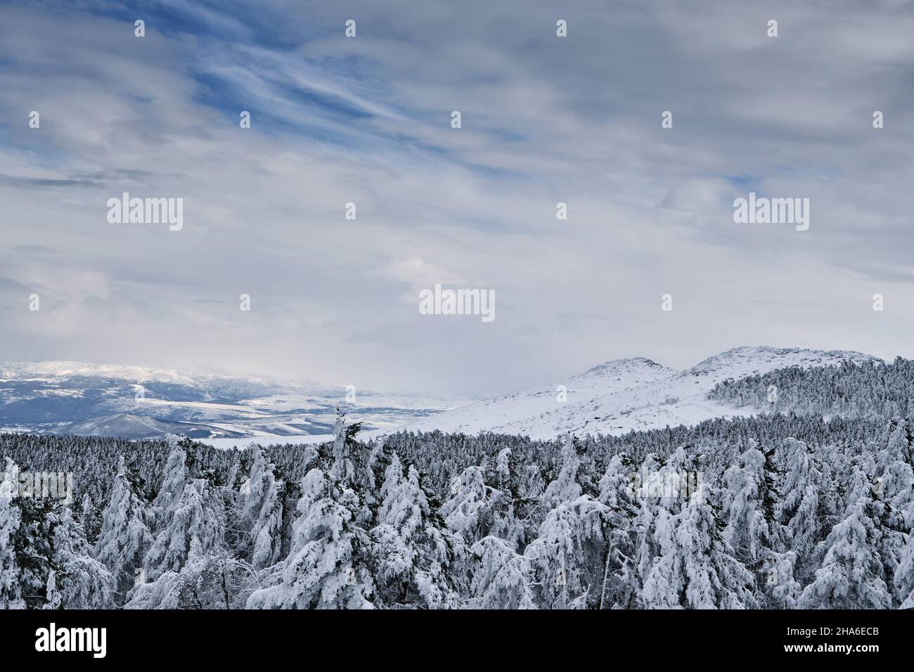 Paesaggio innevato di montagna a Manzaneda, Ourense, Spagna Foto Stock