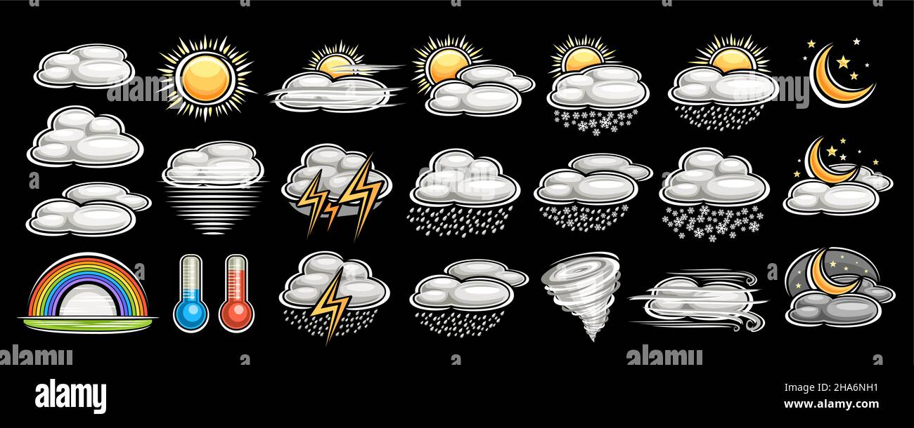 Set vettoriale di icone meteo, raccolta di lotti di varie illustrazioni ritagliate di icone meteo decorative grigie, banner con varietà di gruppo carrello isolato Illustrazione Vettoriale