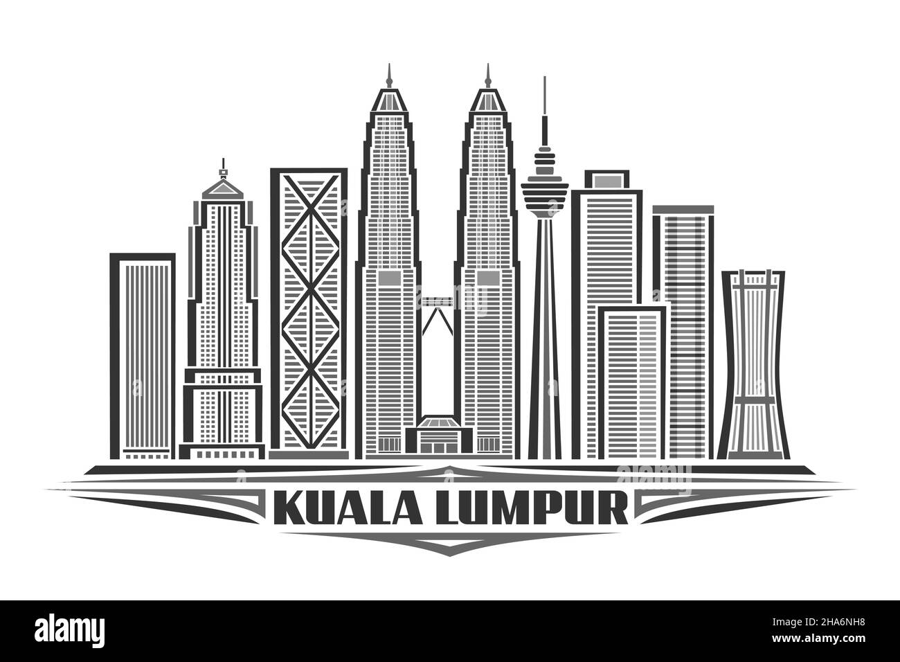 Illustrazione vettoriale di Kuala Lumpur, poster orizzontale monocromatico con disegno lineare paesaggio urbano asiatico, concetto di arte urbana con decorazione unica Illustrazione Vettoriale