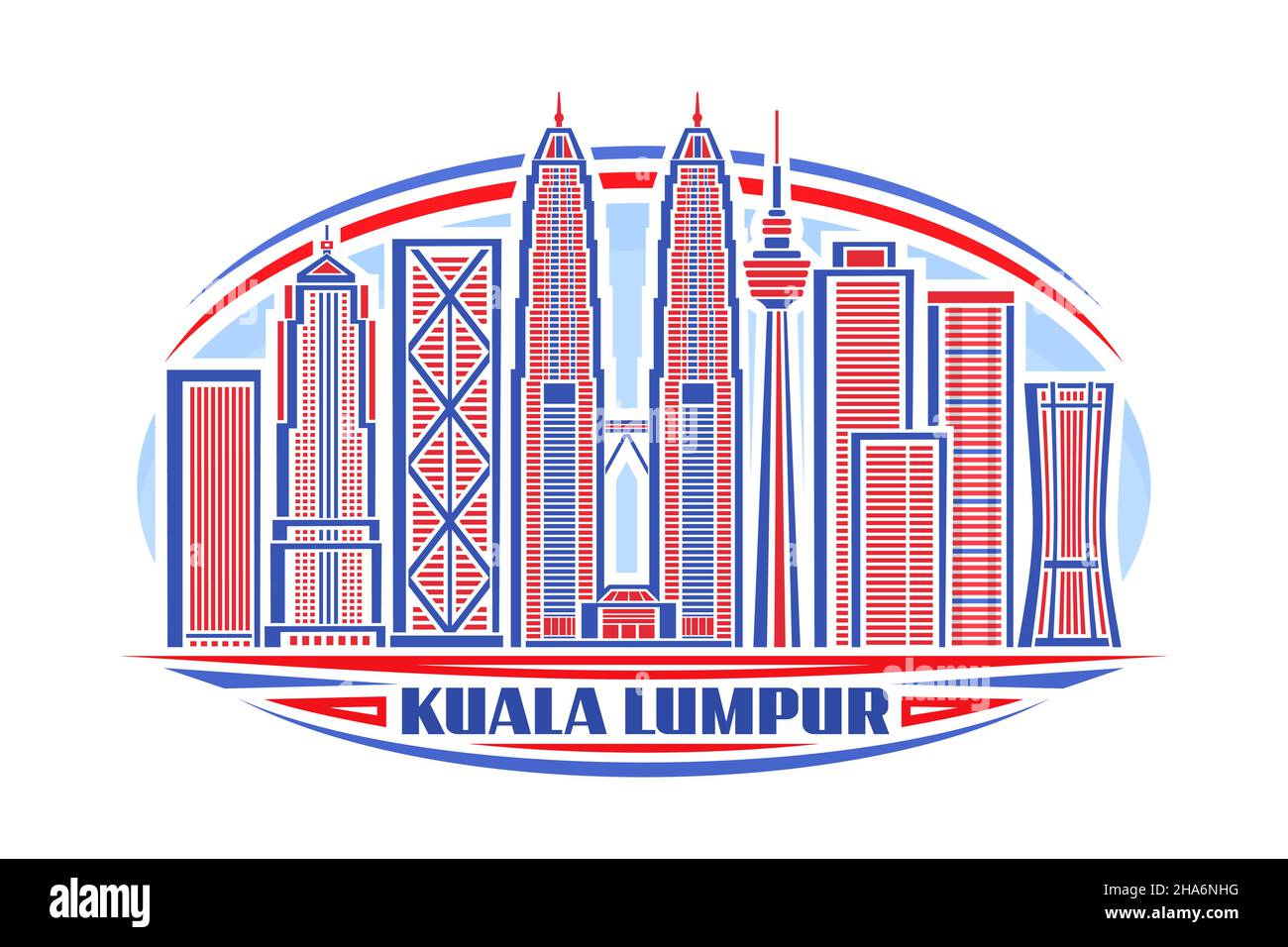 Illustrazione vettoriale di Kuala Lumpur, logo orizzontale con disegno lineare famoso paesaggio urbano asiatico su sfondo cielo di giorno, concetto di arte linea urbana con dic Illustrazione Vettoriale