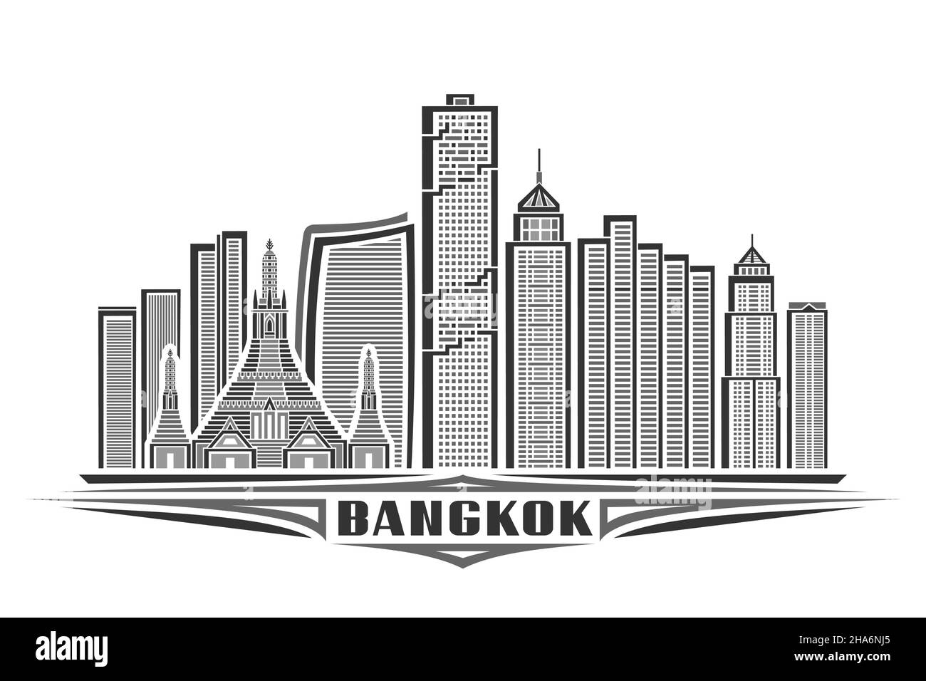 Illustrazione vettoriale di Bangkok, poster orizzontale monocromatico con disegno lineare famoso paesaggio cittadino di bangkok, concetto urbano di arte di linea con lett decorativo Illustrazione Vettoriale