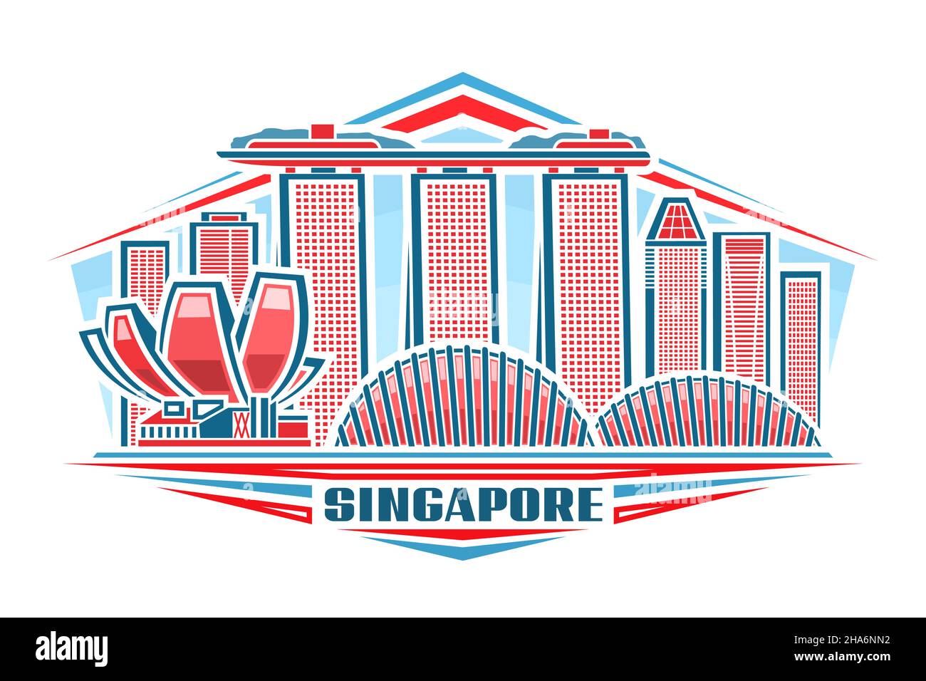 Illustrazione vettoriale di Singapore, logo orizzontale con design lineare paesaggio cittadino di singapore su sfondo cielo diurno, concetto artistico urbano asiatico con dic Illustrazione Vettoriale