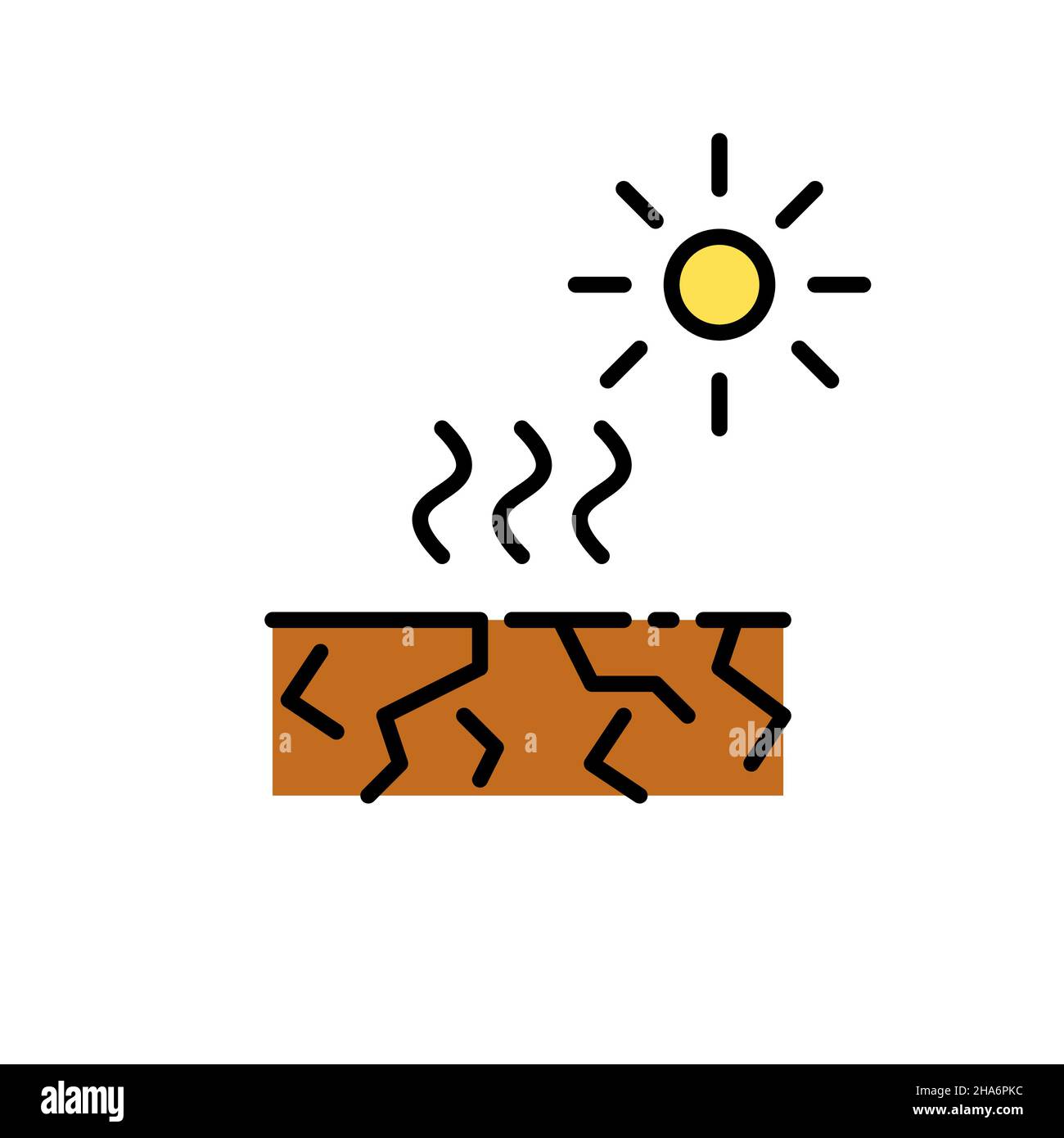 Siccità disastro naturale. Suolo e sole incrinato che inviano ondate di calore. Pixel Perfect, icona a colori con tratto modificabile Illustrazione Vettoriale