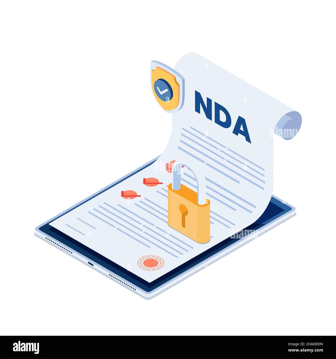 Documento NDA isometrico Flat 3D con schermatura e blocco su tablet digitale. Concetto di contratto di non divulgazione. Illustrazione Vettoriale