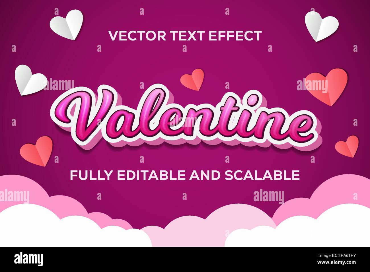 effetto testo vettoriale di san valentino completamente modificabile e scalabile. effetto lettere. effetto testo rosa. con nuvole di sfondo e forme d'amore. design vettoriale.14 Illustrazione Vettoriale