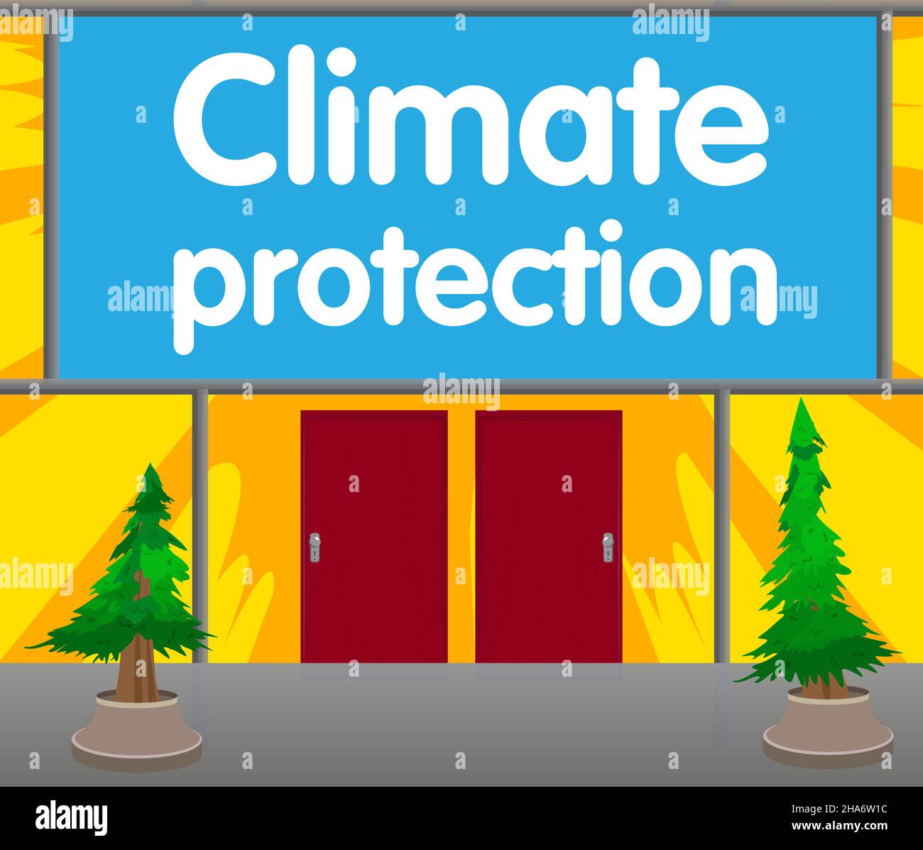 Testo della protezione della climatizzazione con sfondo della portiera anteriore. Bar, caffetteria o stabilimento di bevande davanti con poster. Illustrazione Vettoriale