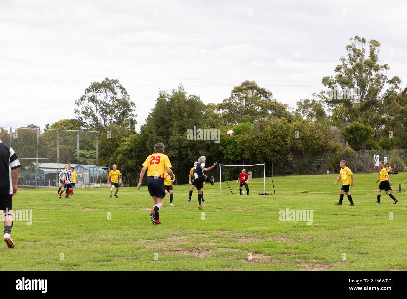 Sydney, Australia Mens dilettante gioco di calcio di base per il gruppo di età superiore a 55 anni, giocato sul prato, NSW, Australia Foto Stock