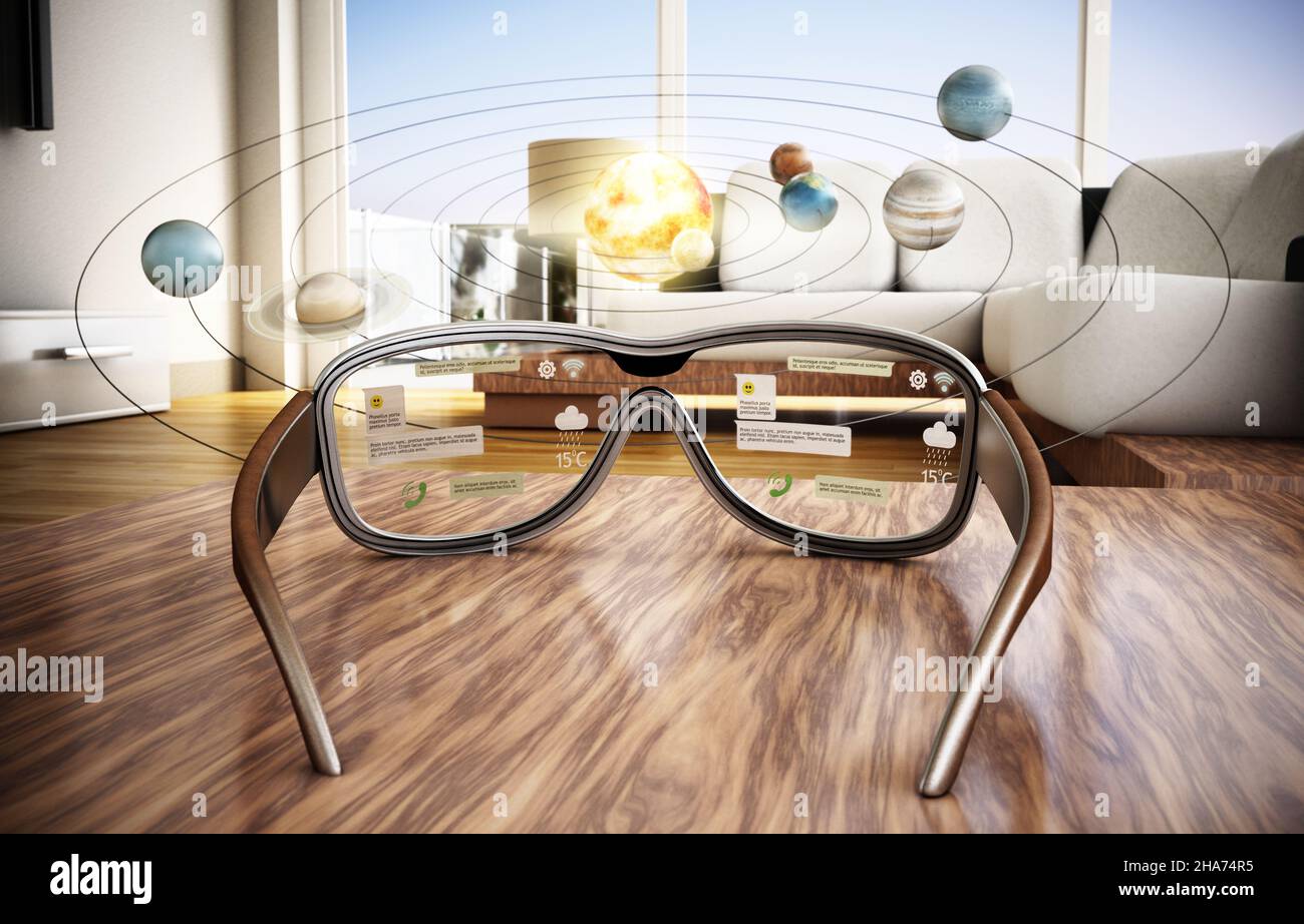 Occhiali di realtà aumentata e pianeti del sistema solare nella stanza. 3D illustrazione. Foto Stock