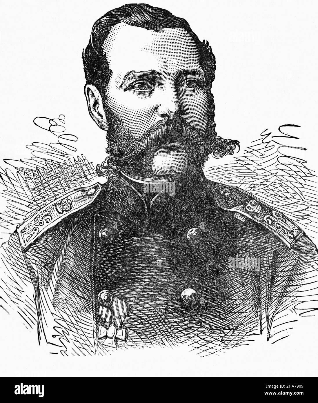 Un ritratto di fine 19th secolo di Alessandro II (1818-1881), imperatore di Russia, re del Congresso Polonia e Granduca di Finlandia dal 1855 fino al suo assassinio. Le sue riforme più significative furono l'emancipazione dei servi russi nel 1861, la riorganizzazione del sistema giudiziario, l'istituzione di giudici locali eletti, l'abolizione della punizione corporale, la promozione dell'autogoverno locale, l'imposizione di un servizio militare universale e la promozione dell'istruzione universitaria. Dopo un tentativo di assassinio nel 1866, Alexander adottò una posizione un po' più reazionaria fino alla sua morte. Foto Stock