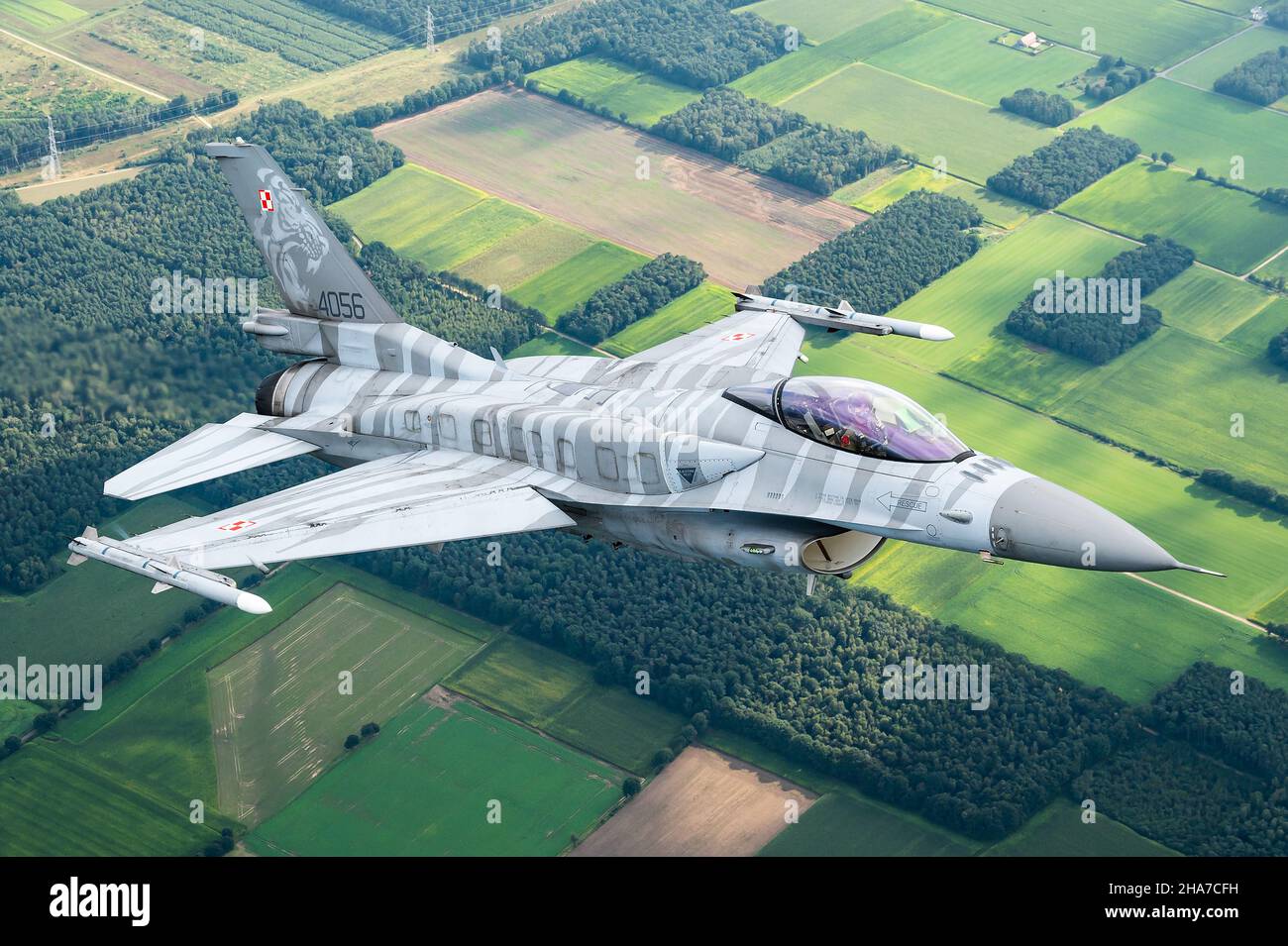 Un F-16 Fighting Falcon jet dalla base aerea tattica del 31st della Polish Air Force. Foto Stock