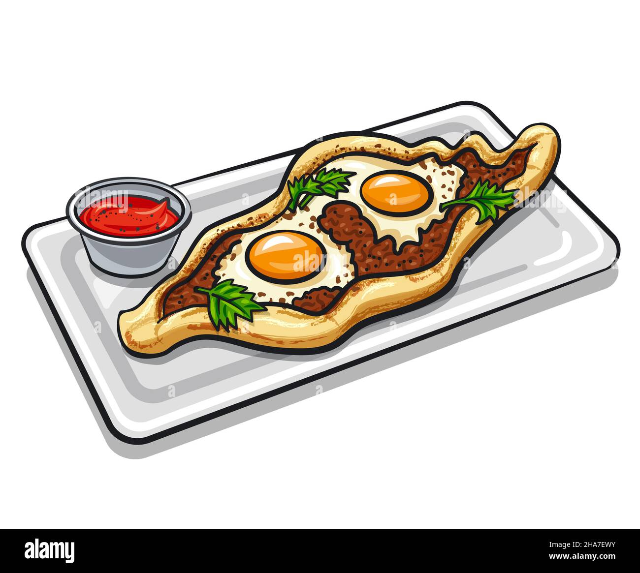 pan piatto turco al pide sormontato con uova e minсe al forno Illustrazione Vettoriale