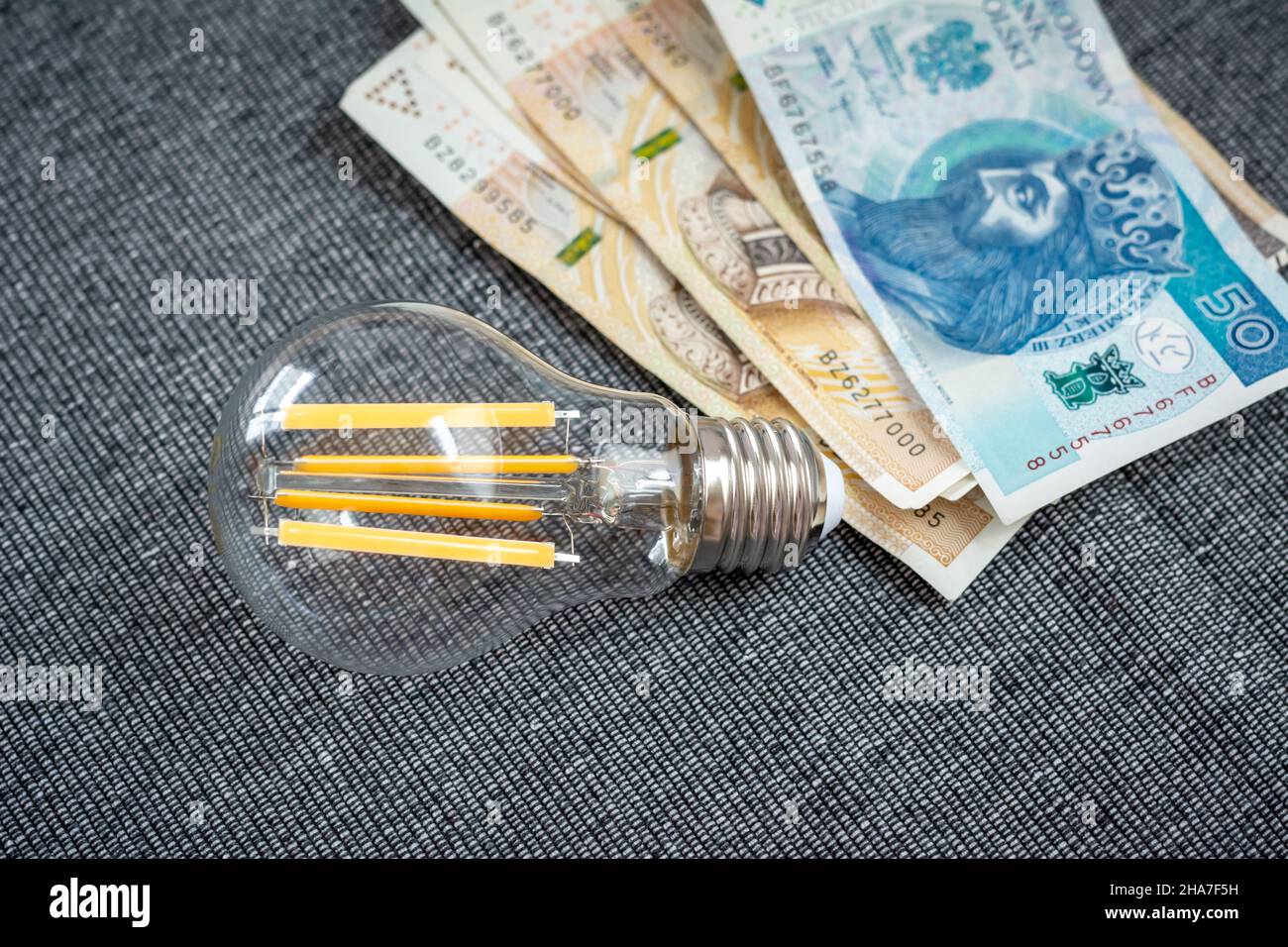 Lampadina con denaro polacco. Concetto di risparmio energetico, bolletta elettrica Foto Stock