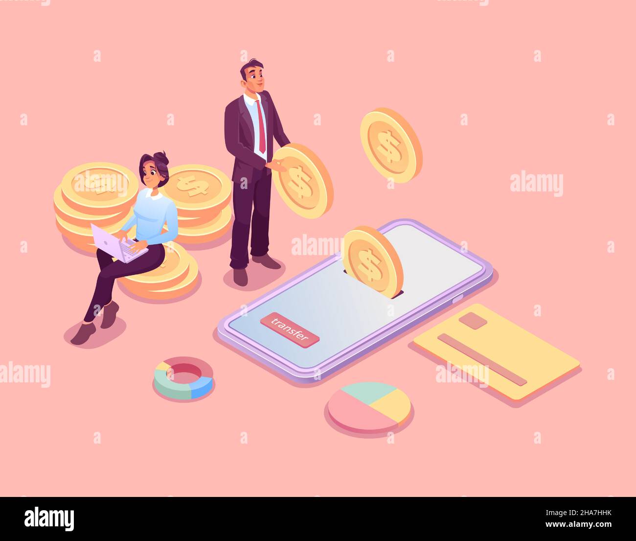 Vettore di persone aziendali che utilizzano il pagamento del trasferimento di denaro online, app mobile banking Illustrazione Vettoriale