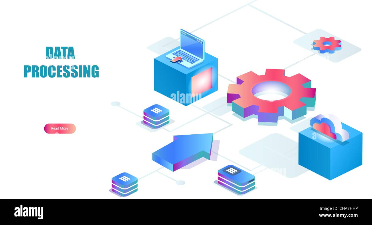 Vettore isometrico di un'elaborazione di big data, archiviazione e analisi delle informazioni Illustrazione Vettoriale