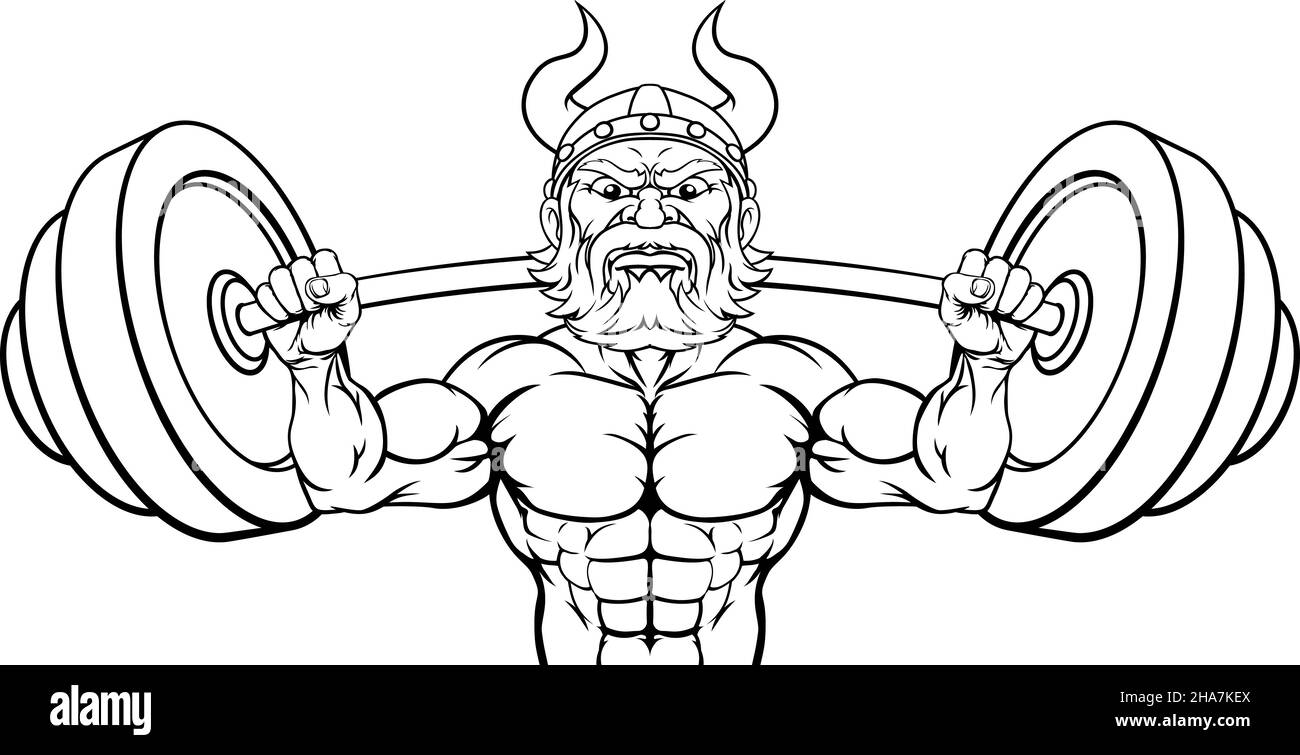 Vichingo peso sollevamento Mascot muscolo palestra Cartoon Illustrazione Vettoriale