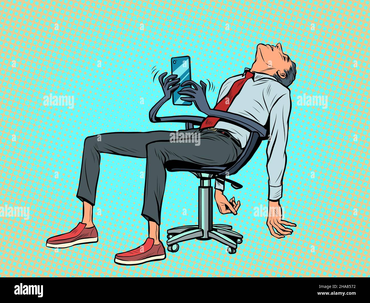 L'uomo d'affari è stanco e si è addormentato, la sedia robot continua a lavorare per lui e a rispondere ai messaggi sullo smartphone Illustrazione Vettoriale