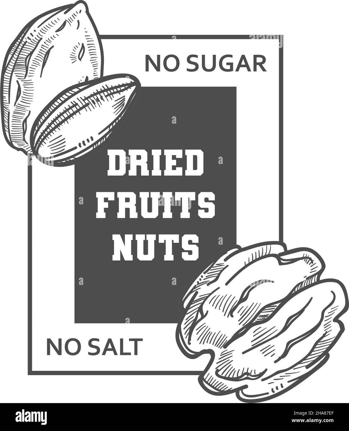 Spuntini naturali e biologici, frutta secca e noci, senza aggiunta di zucchero o sale. Logotipo isolato di negozio, pistacchio e noce. Contorno di schizzo monocromatico Illustrazione Vettoriale