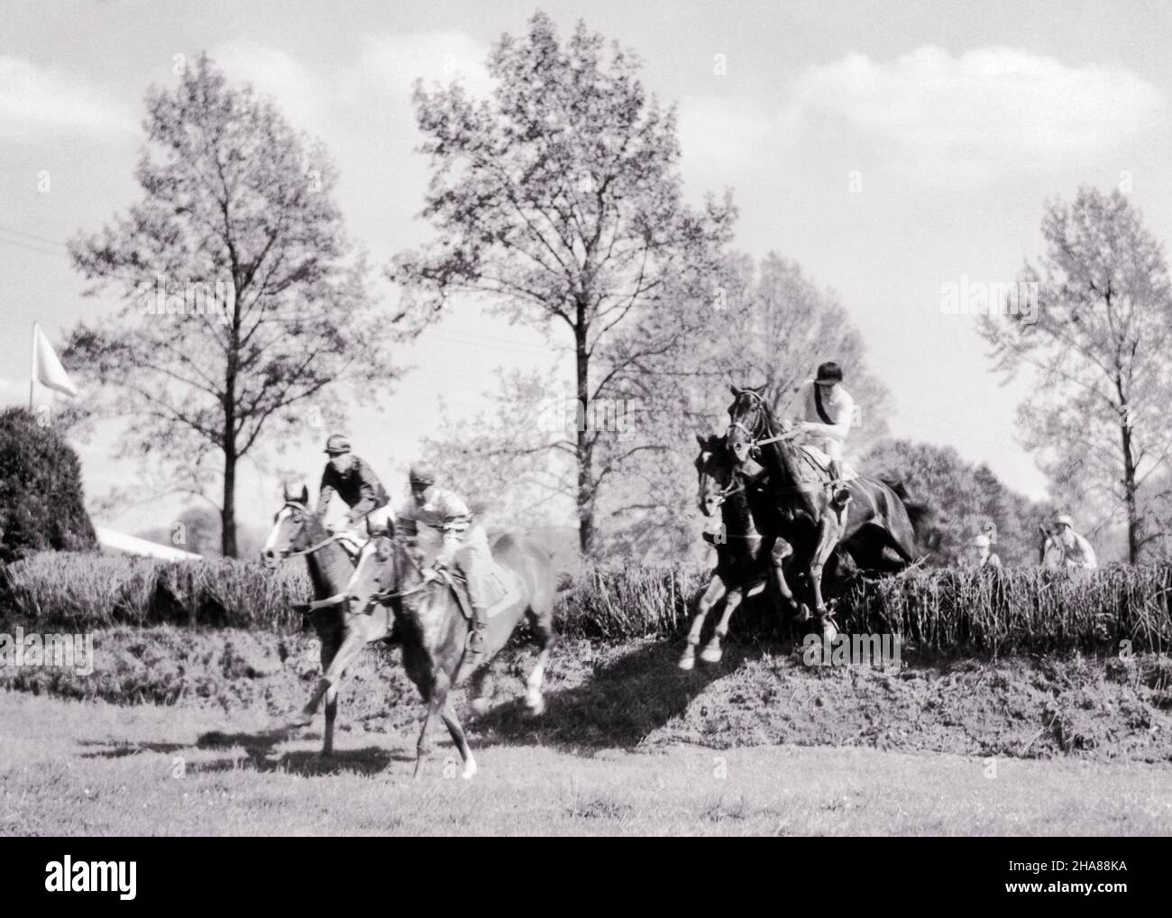 1930S STEEPLECHASE CORSA DI CAVALLO DI FONDO QUATTRO UOMINI JOCKEY CHE PRENDONO I CAVALLI SOPRA UN OSTACOLO DI BARRIERA DI SIEPE - H5643 HAR001 HARS LIFESTYLE VELOCITÀ CELEBRAZIONE LAVORI SPAZIO RURALE COPIA A TUTTA LUNGHEZZA PERSONE MASCHI RISCHIO ATLETICO DISTANZA PROFESSIONE INTRATTENIMENTO FIDUCIA JOCKEY SUCCESSO B&W AMPIO ANGOLO ABILITÀ OCCUPAZIONE ABILITÀ MAMMIFERI AVVENTURA HEDGE FORZA CORAGGIO CARRIERA ECCITAZIONE OSTACOLO POTENTE RICREAZIONE ORGOGLIO UN OPPORTUNITÀ PROFESSIONI SPORT PROFESSIONALI CROSS COUNTRY MOTION BLUR CONCETTUALE JOCKEYS FOSSA ELEGANTE OSTACOLO STEEPLECHASE RECINTI MAMMIFERO MEDIO-ADULTO UOMO MEDIO-ADULTO BIANCO E NERO Foto Stock