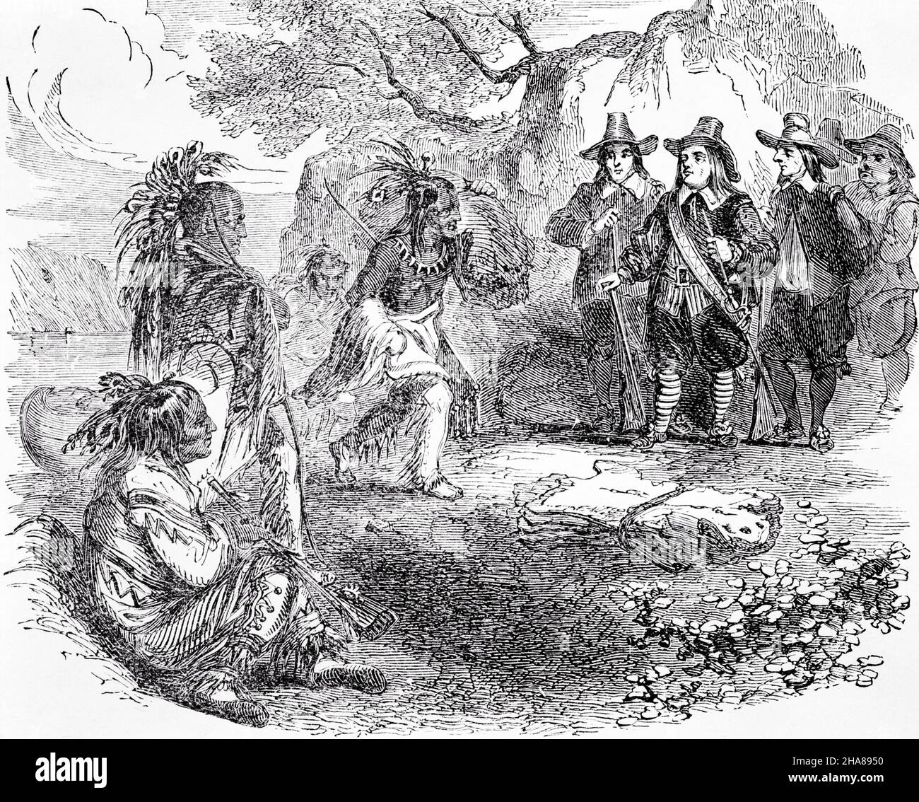 1620S INCISIONE 17TH SECOLO I COLONI OLANDESI CHE COMMERCIANO CON GLI INDIANI NORDAMERICANI - I5993 LAN001 I COLONI HARS 1620S NERO E BIANCO PELLICCIA COMMERCIO INDIGENO NUOVO AMSTERDAM NUOVO NETHERLAND VECCHIO STILE Foto Stock