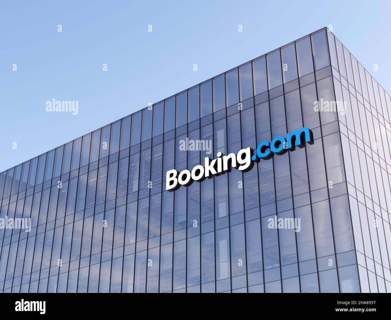 Amsterdam, Paesi Bassi. 6 novembre 2021, solo per uso editoriale, 3D CGI. Booking Holding Signage Top Glass Building. Mercato online del luogo di lavoro ho Foto Stock