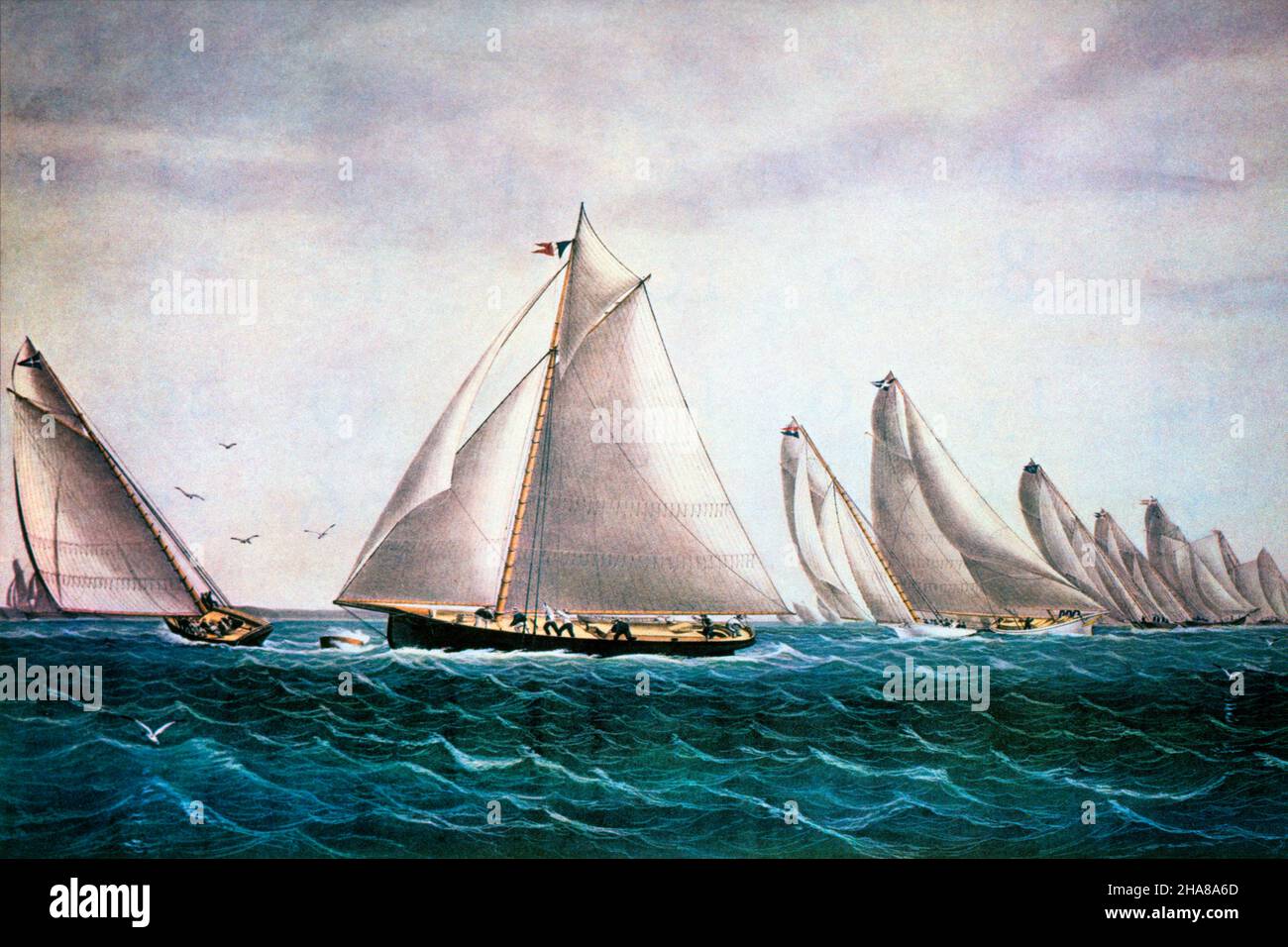 1850S BARCA A VELA REGATA DEL NEW YORK YACHT CLUB ARROTONDAMENTO SW SPIT GIUGNO 1 1854 CURRIER & IVES LITOGRAFIA STAMPA - KA6520 LAN001 HARS CURRIER HEELING IVES REGATTA VELE VELE SLOOPS SW TACK YACHTING & 1854 GIUGNO VECCHIO STILE Foto Stock