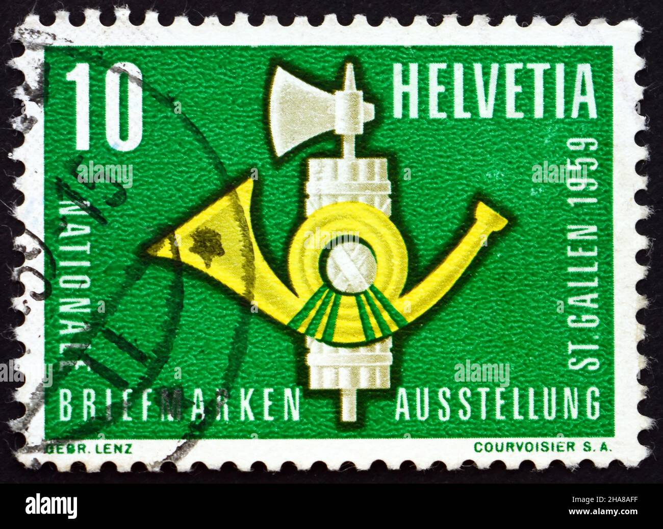 SVIZZERA - CIRCA 1959: Un francobollo stampato in Svizzera mostra Fasces and Post Horn, National Philatelistic Exhibition, St. Gall, circa 1959 Foto Stock