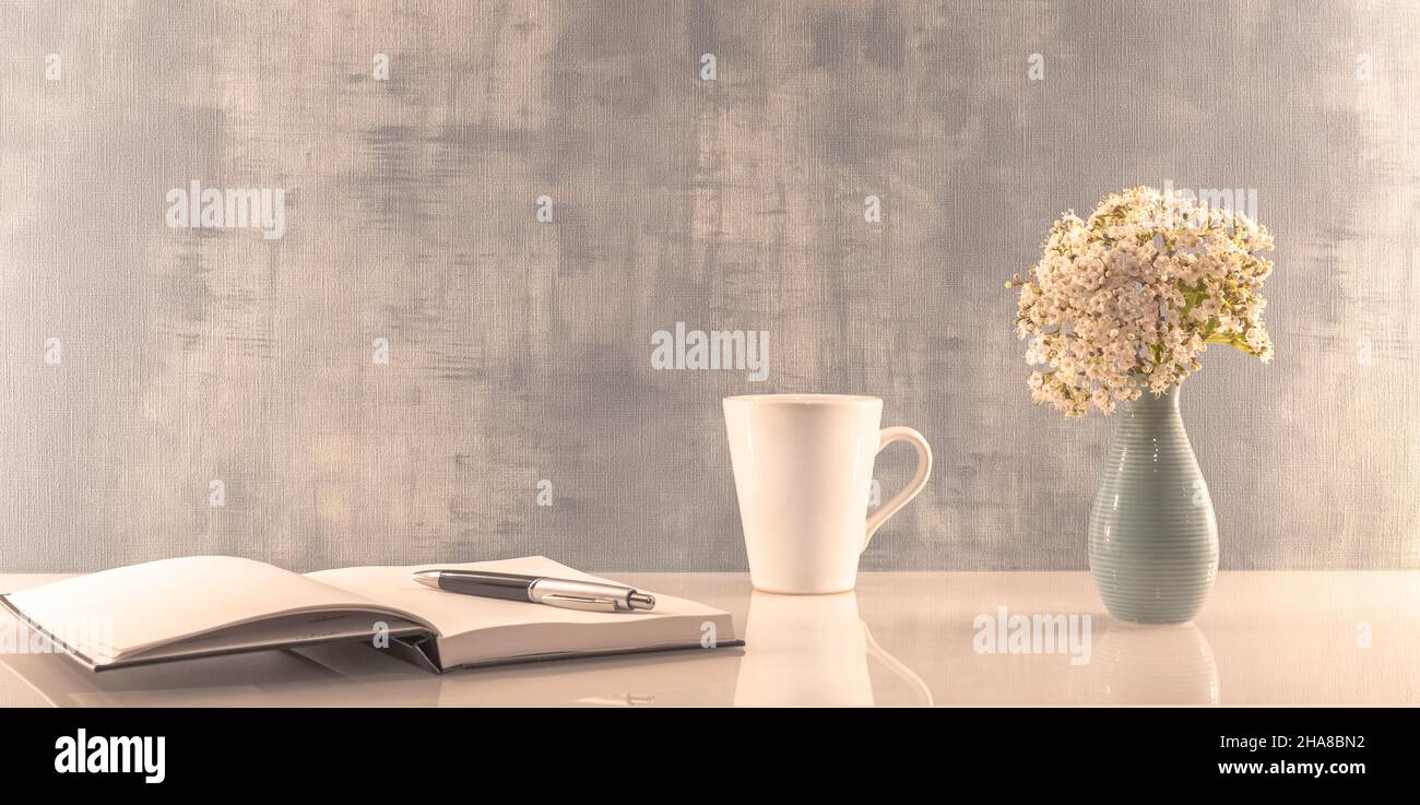 Libro aperto in un'area di lavoro. Pagine bianche per le iscrizioni. Foto Stock