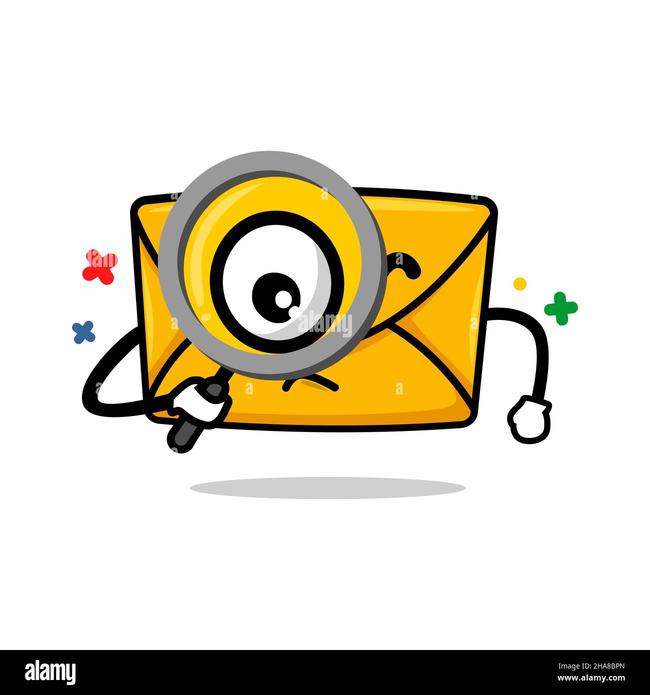 cerca concetto email. isolato carino mail cartoon faccia tenendo lente di ingrandimento illustrazione vettoriale Illustrazione Vettoriale