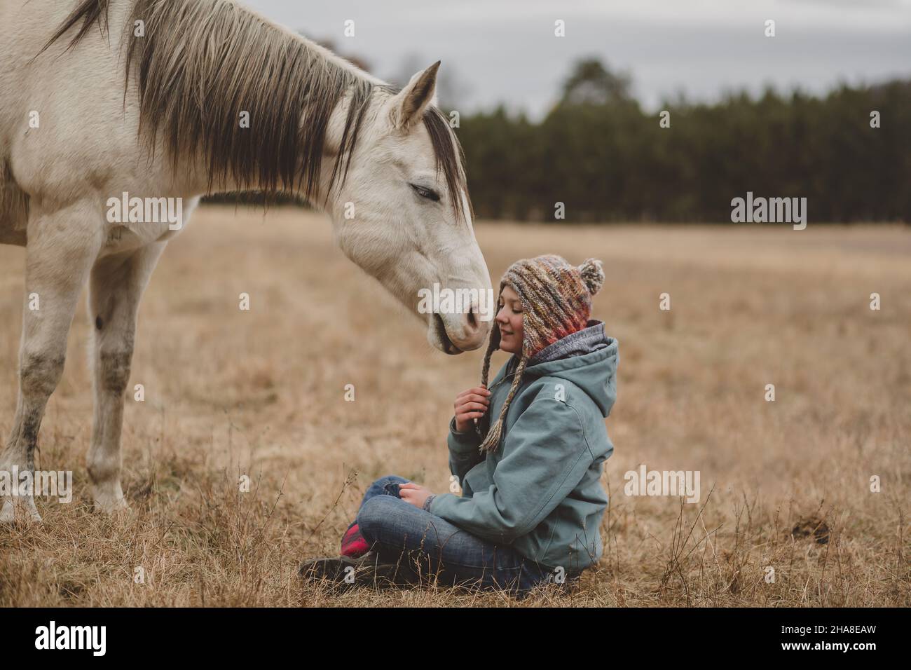 Cavallo felice di fronte alla ragazza teen Foto Stock